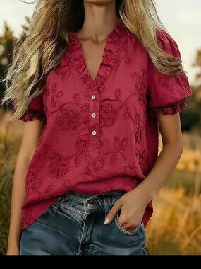 Cherry Betty Women's Embroidered Ruffle V-Neck Blouse - Burgundy Red